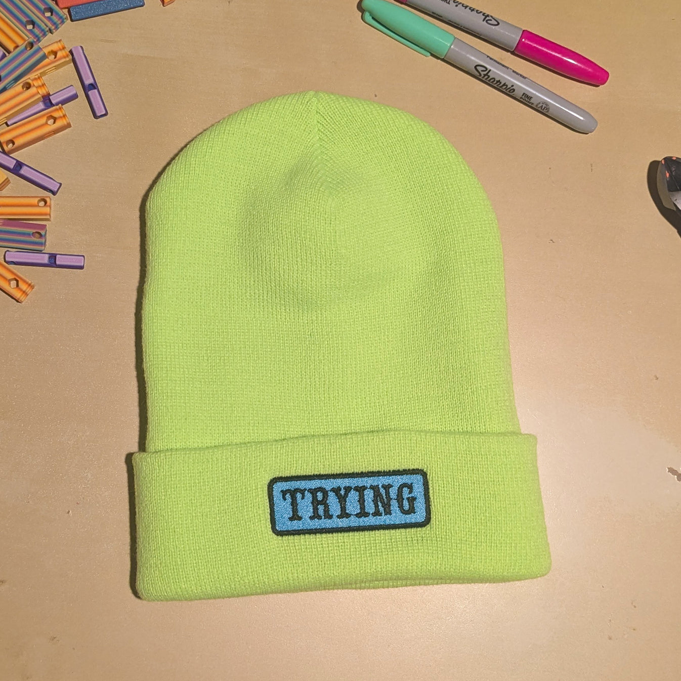 Limited Ed Safety Green Trying beanie